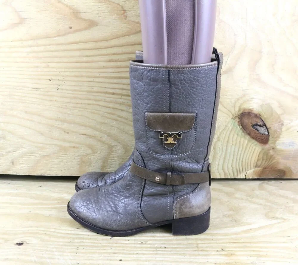 Tory Burch Boots Womens 7.5M Gray Leather Leona Equestrian Mid Calf Riding Shoes